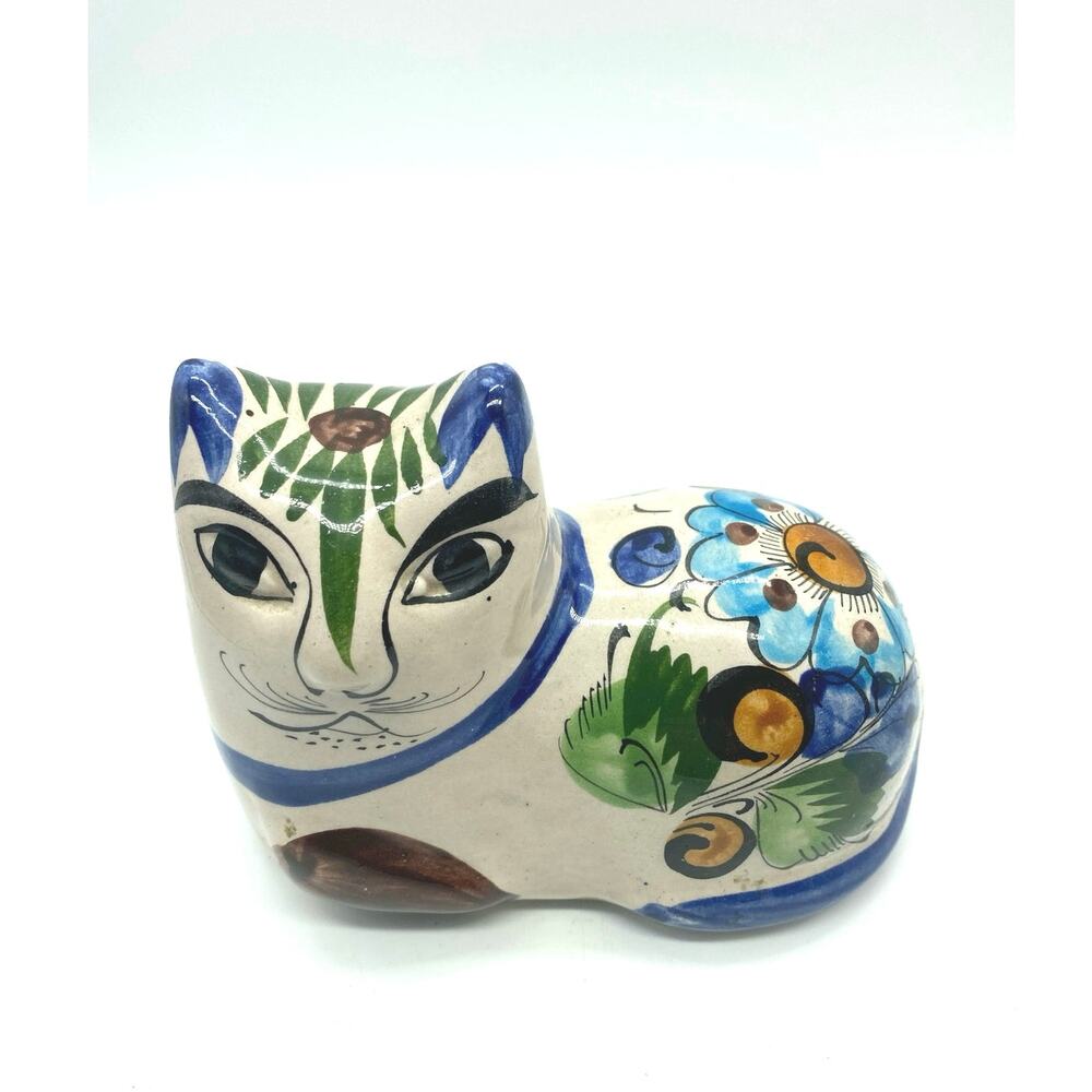 Vintage Tonala Mexico Folk Art Pottery Cat Figurine‎ Signed CAT